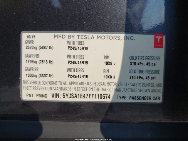 Aukcja sprzedaży 2015 Tesla Model S 85d/p85d, vin: 5YJSA1E47FF110674, numer aukcji: 45679107