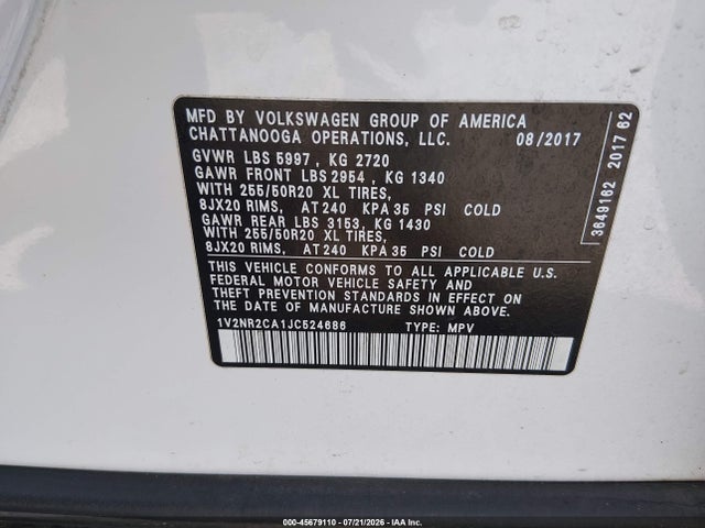 Aukcja sprzedaży 2018 Volkswagen Atlas 3.6l V6 Sel Premium, vin: 1V2NR2CA1JC524686, numer aukcji: 45679110