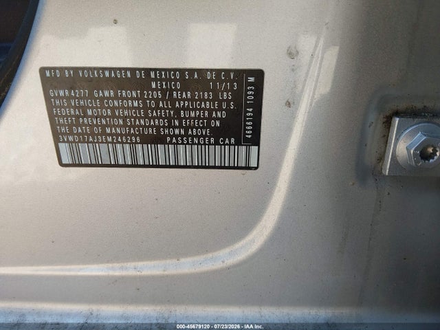 2014 Volkswagen Jetta 1.8t Se მანქანა იყიდება აუქციონზე, vin: 3VWD17AJ3EM246296, აუქციონის ნომერი: 45679120