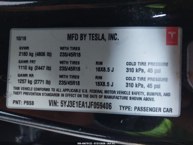 Продаж на аукціоні авто 2018 Tesla Model 3 Long Range/mid Range, vin: 5YJ3E1EA1JF059406, номер лоту: 45679122