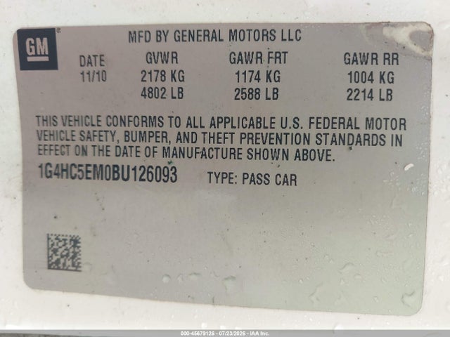 2011 Buick Lucerne Cxl მანქანა იყიდება აუქციონზე, vin: 1G4HC5EM0BU126093, აუქციონის ნომერი: 45679126