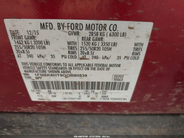 45679169 :رقم المزاد ، 1FM5K8HT9GGB80539 vin ، 2016 Ford Explorer Platinum مزاد بيع