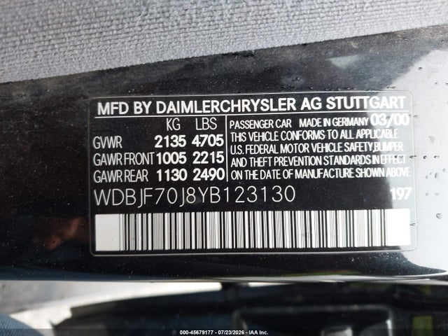Aukcja sprzedaży 2000 Mercedes-benz E 430, vin: WDBJF70J8YB123130, numer aukcji: 45679177