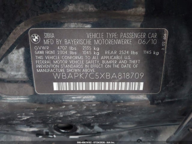 45679182 :رقم المزاد ، WBAPK7C5XBA818709 vin ، 2011 Bmw 328i Xdrive مزاد بيع