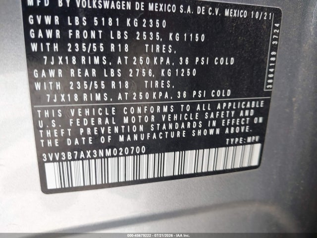 45679222 :رقم المزاد ، 3VV3B7AX3NM020700 vin ، 2022 Volkswagen Tiguan 2.0t Se مزاد بيع