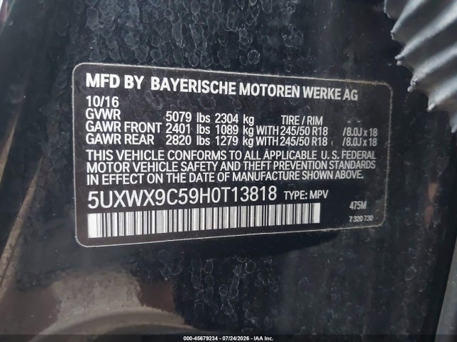 Продаж на аукціоні авто 2017 Bmw X3 Xdrive28i, vin: 5UXWX9C59H0T13818, номер лоту: 45679234