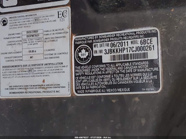 45679237 :رقم المزاد ، 3JBKKHP17CJ000261 vin ، 2012 Can-am Commander 1000 Xt مزاد بيع