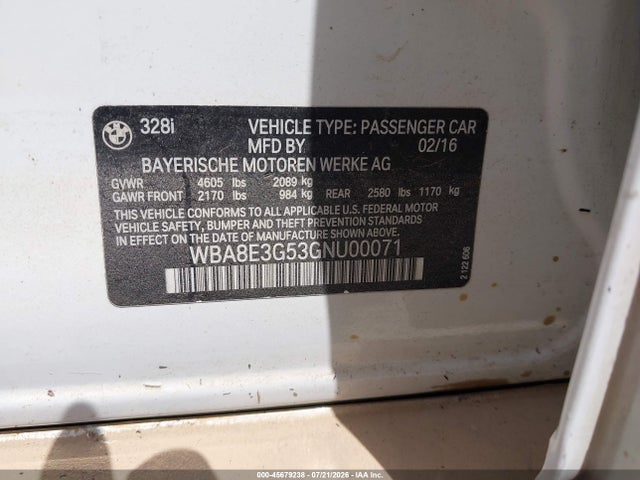 Продажа на аукционе авто 2016 Bmw 328i Xdrive, vin: WBA8E3G53GNU00071, номер лота: 45679238