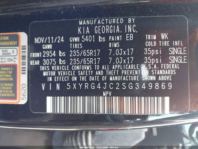 2025 Kia Sorento Lx მანქანა იყიდება აუქციონზე, vin: 5XYRG4JC2SG349869, აუქციონის ნომერი: 45679254