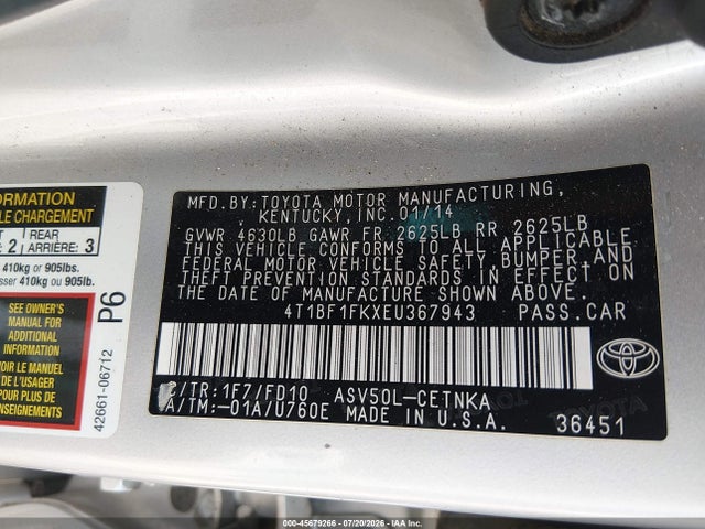 45679266 :رقم المزاد ، 4T1BF1FKXEU367943 vin ، 2014 Toyota Camry Le مزاد بيع