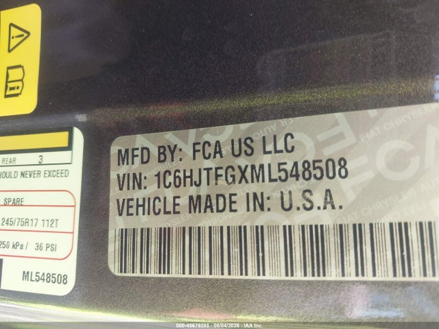 45679285 :رقم المزاد ، 1C6HJTFGXML548508 vin ، 2021 Jeep Gladiator Overland 4x4 مزاد بيع