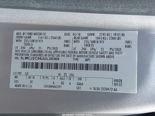 Продажа на аукционе авто 2018 Lincoln Mkc Select, vin: 5LMCJ2C94JUL30369, номер лота: 45679290