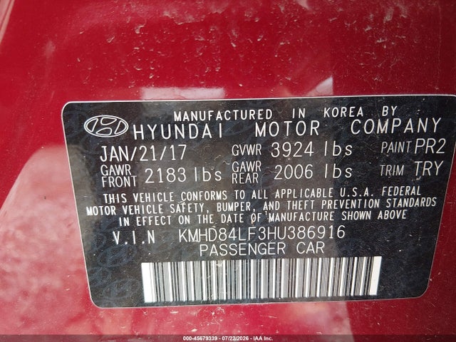 Hyundai Elantra Value Edition 2017 KMHD84LF3HU386916 Image 9