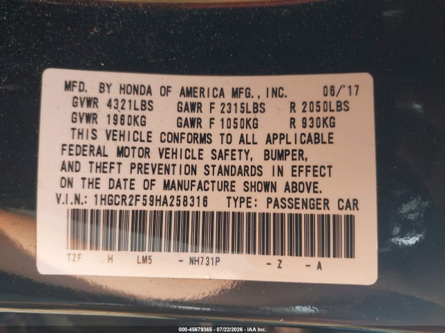 1HGCR2F59HA258316 Honda Accord Sport