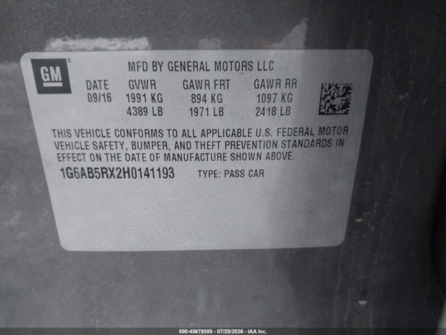 Aukcja sprzedaży 2017 Cadillac Ats Luxury, vin: 1G6AB5RX2H0141193, numer aukcji: 45679388