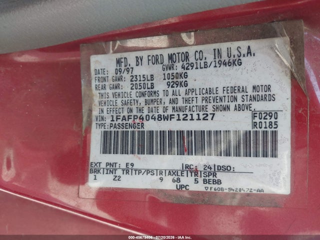 45679406 :رقم المزاد ، 1FAFP4048WF121127 vin ، 1998 Ford Mustang مزاد بيع