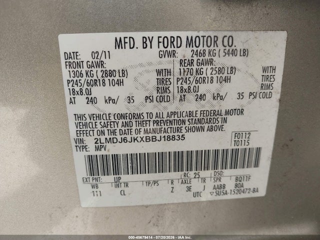 Aukcja sprzedaży 2011 Lincoln Mkx, vin: 2LMDJ6JKXBBJ18835, numer aukcji: 45679414