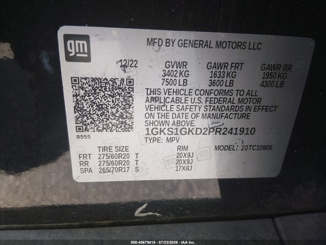 45679418 :رقم المزاد ، 1GKS1GKD2PR241910 vin ، 2023 Gmc Yukon Xl 2wd Slt مزاد بيع