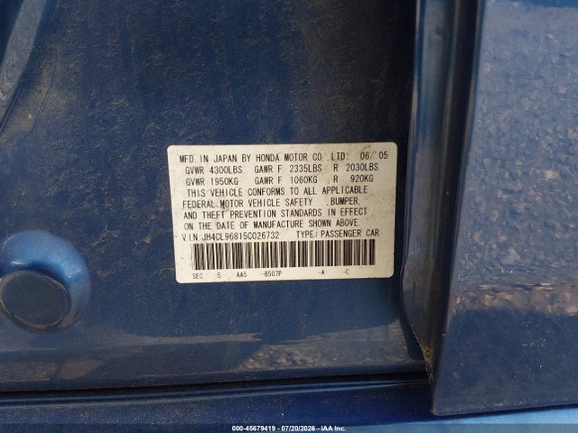 45679419 :رقم المزاد ، JH4CL96815C026732 vin ، 2005 Acura Tsx مزاد بيع