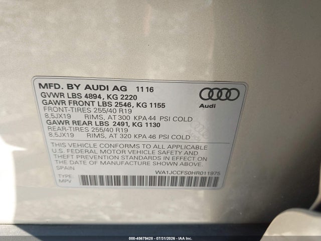 Продаж на аукціоні авто 2017 Audi Q3 2.0t Premium, vin: WA1JCCFS0HR011975, номер лоту: 45679428