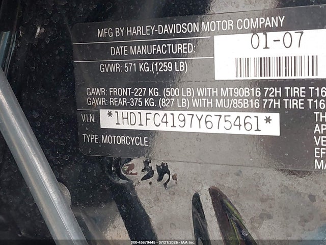 Aukcja sprzedaży 2007 Harley-davidson Flhtcui, vin: 1HD1FC4197Y675461, numer aukcji: 45679445
