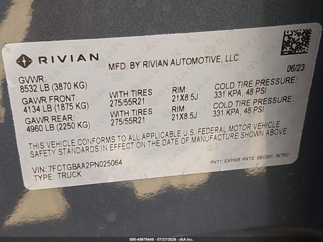 7FCTGBAA2PN025064 Rivian R1t Adventure/adventure Dual Motor Large Pack/adventure Dual Motor Max Pack