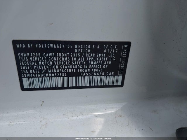 Продаж на аукціоні авто 2017 Volkswagen Golf Gti Autobahn 4-door/s 4-door/se 4-door/sport 4-door, vin: 3VW447AU0HM052587, номер лоту: 45679452