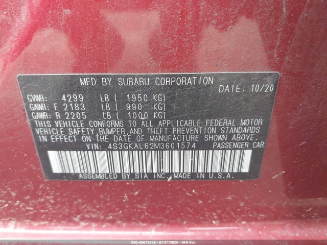 45679459 :رقم المزاد ، 4S3GKAL62M3601574 vin ، 2021 Subaru Impreza Sport مزاد بيع