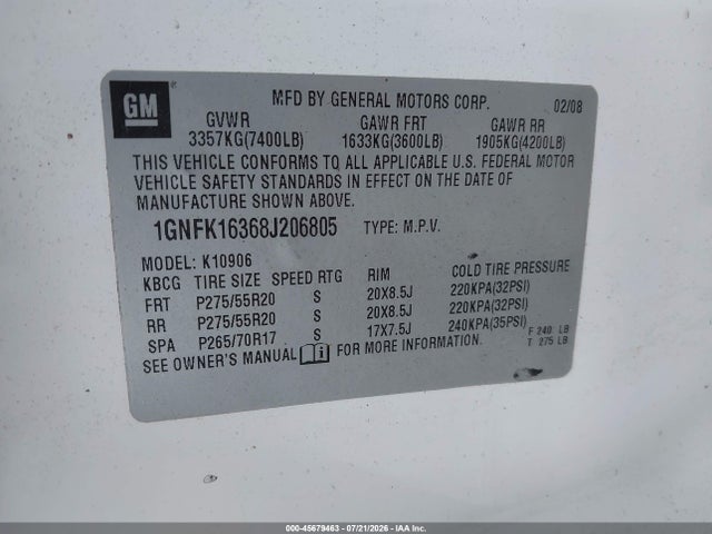 Aukcja sprzedaży 2008 Chevrolet Suburban 1500 Lt, vin: 1GNFK16368J206805, numer aukcji: 45679463