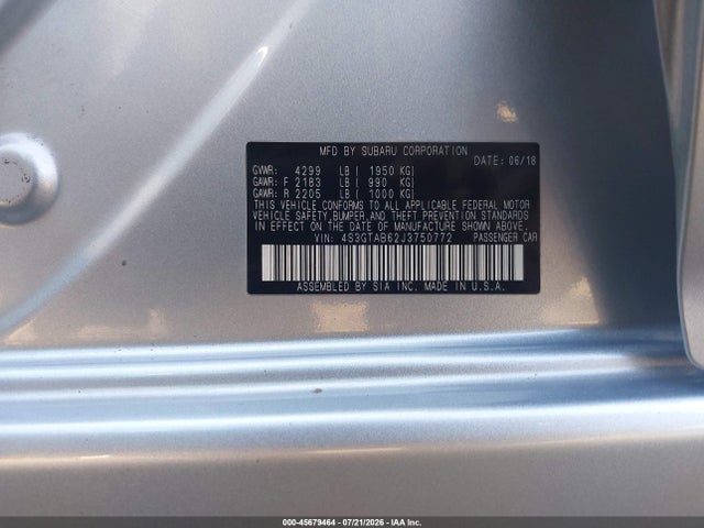Aukcja sprzedaży 2018 Subaru Impreza 2.0i Premium, vin: 4S3GTAB62J3750772, numer aukcji: 45679464