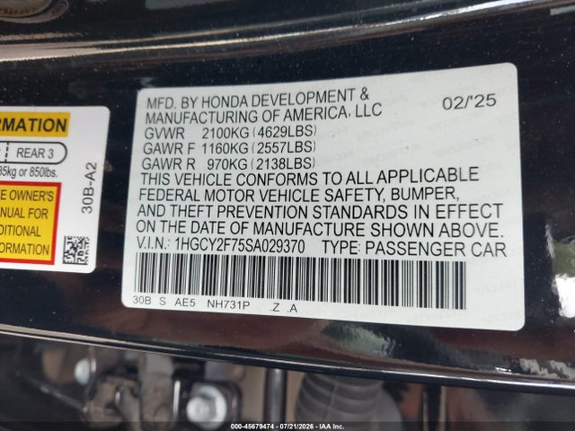 2025 Honda Accord Hybrid Sport-l მანქანა იყიდება აუქციონზე, vin: 1HGCY2F75SA029370, აუქციონის ნომერი: 45679474