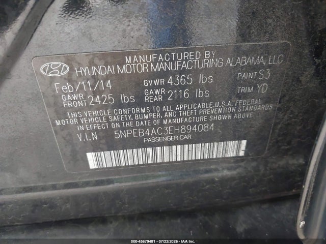 Aukcja sprzedaży 2014 Hyundai Sonata Gls, vin: 5NPEB4AC3EH894084, numer aukcji: 45679481