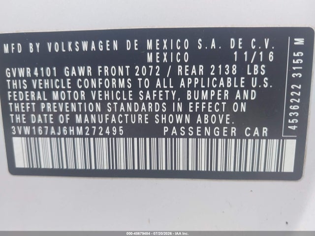 2017 Volkswagen Jetta 1.4t S მანქანა იყიდება აუქციონზე, vin: 3VW167AJ6HM272495, აუქციონის ნომერი: 45679484