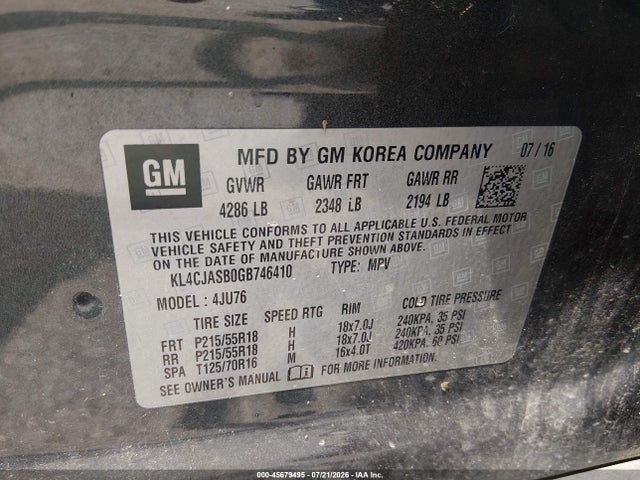 45679495 :رقم المزاد ، KL4CJASB0GB746410 vin ، 2016 Buick Encore مزاد بيع