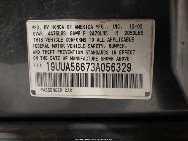 45679498 :رقم المزاد ، 19UUA56673A056329 vin ، 2003 Acura Tl 3.2 مزاد بيع