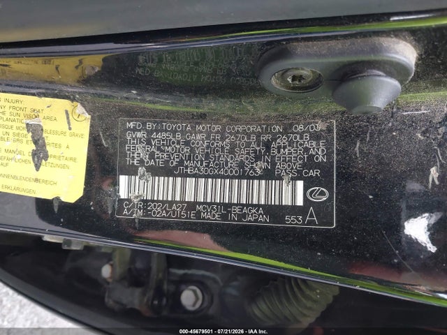 Aukcja sprzedaży 2004 Lexus Es 330, vin: JTHBA30GX40001763, numer aukcji: 45679501