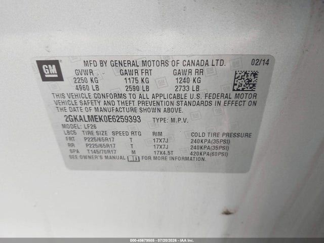 2014 Gmc Terrain Sle-1 მანქანა იყიდება აუქციონზე, vin: 2GKALMEK0E6259393, აუქციონის ნომერი: 45679505