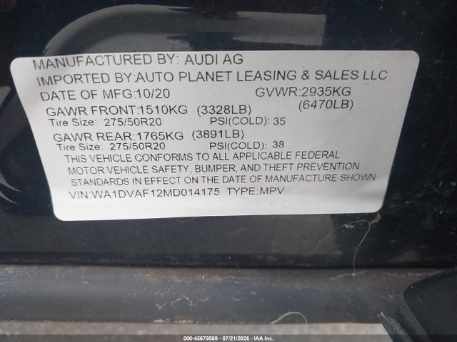 2021 Audi Q8 55 Progressiv მანქანა იყიდება აუქციონზე, vin: WA1DVAF12MD014175, აუქციონის ნომერი: 45679509