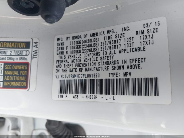 Honda Cr-v Ex-l 2015 5J6RM4H77FL051923 Image 9