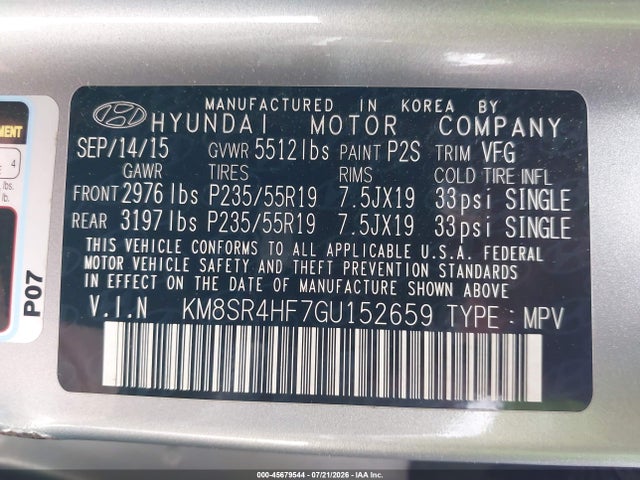 45679544 :رقم المزاد ، KM8SR4HF7GU152659 vin ، 2016 Hyundai Santa Fe Limited مزاد بيع