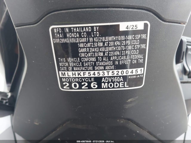 Aukcja sprzedaży 2026 Honda Adv160 A, vin: MLHKF5453T5200451, numer aukcji: 45679549