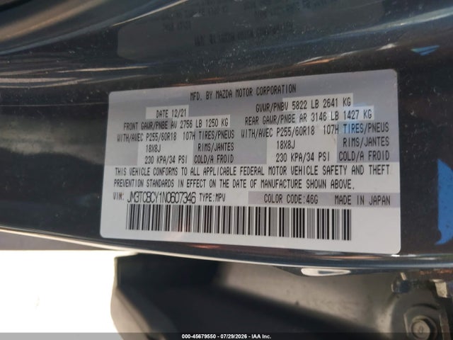 Aukcja sprzedaży 2022 Mazda Cx-9 Touring, vin: JM3TCBCY1N0607346, numer aukcji: 45679550