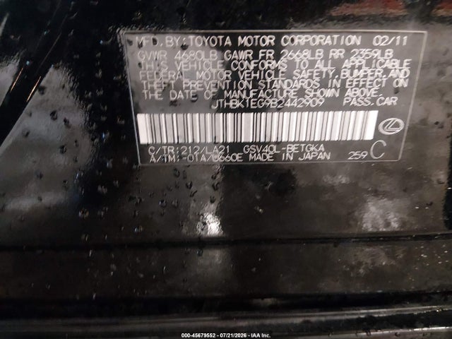 Продажа на аукционе авто 2011 Lexus Es 350, vin: JTHBK1EG9B2442909, номер лота: 45679552