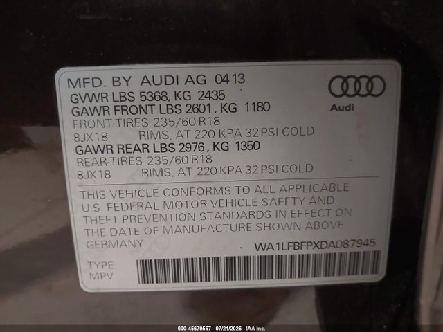 Aukcja sprzedaży 2013 Audi Q5 2.0t Premium, vin: WA1LFBFPXDA087945, numer aukcji: 45679557