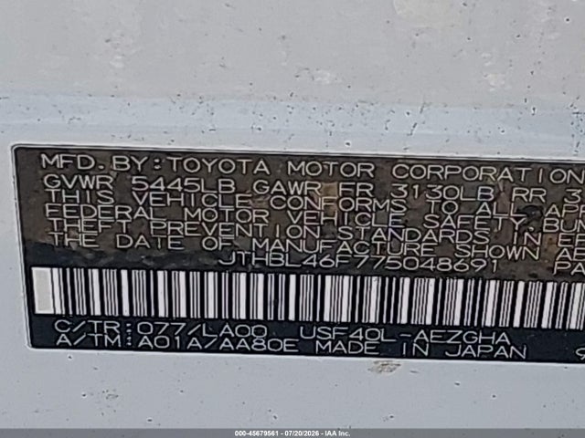 Продаж на аукціоні авто 2007 Lexus Ls 460, vin: JTHBL46F775048691, номер лоту: 45679561