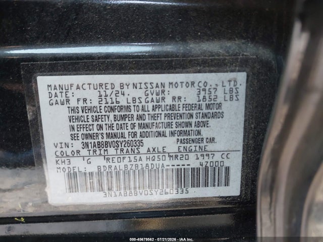 Aukcja sprzedaży 2025 Nissan Sentra S, vin: 3N1AB8BV0SY260335, numer aukcji: 45679562