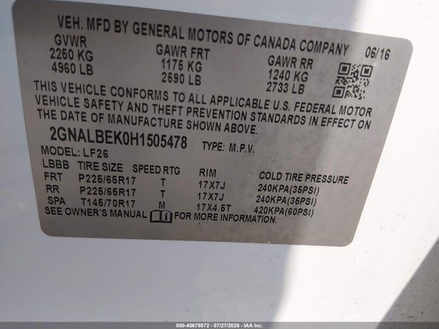 Auction sale of the 2017 Chevrolet Equinox Ls, vin: 2GNALBEK0H1505478, lot number: 45679572