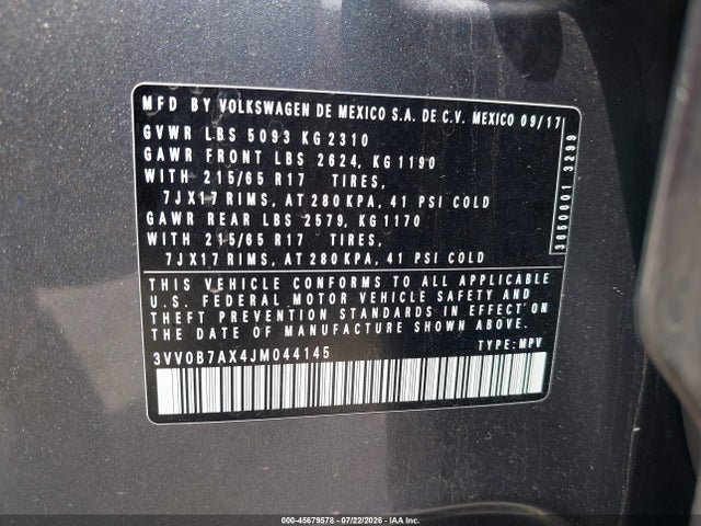 45679578 :رقم المزاد ، 3VV0B7AX4JM044145 vin ، 2018 Volkswagen Tiguan 2.0t S مزاد بيع