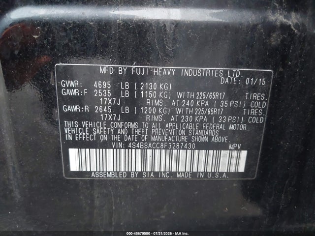 2015 Subaru Outback 2.5i Premium მანქანა იყიდება აუქციონზე, vin: 4S4BSACC8F3287430, აუქციონის ნომერი: 45679580
