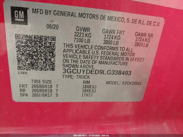 Продаж на аукціоні авто 2020 Chevrolet Silverado 1500 4wd  Short Bed Lt, vin: 3GCUYDED9LG338493, номер лоту: 45679611